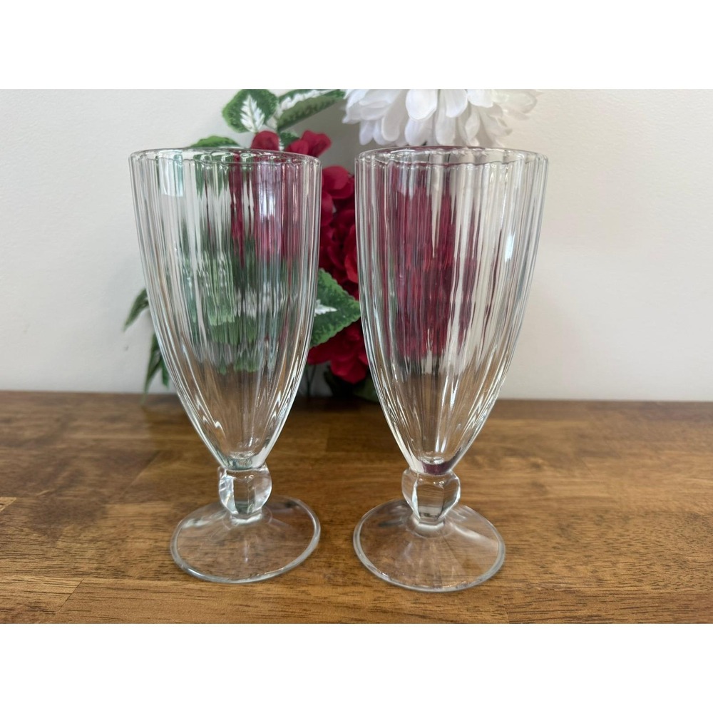 Vintage French Pressed Glass Milkshake Glasses Ribbed‎ Soda Fountain Set of 2